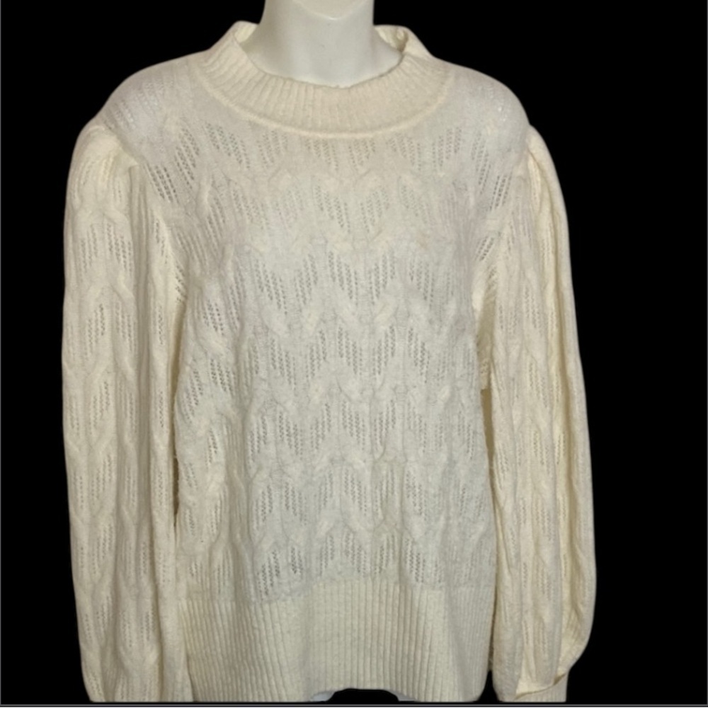 Express Cream Ribbed Knit Crew Neck Sweater - Picture 2 of 7